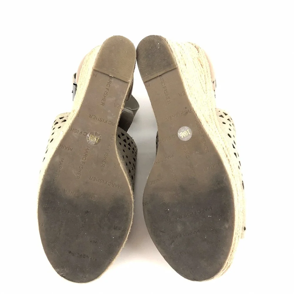 Marc Fisher Hasina Women Wedge Sandals Size 10 Perforated Suede Ankle Strap Jute
